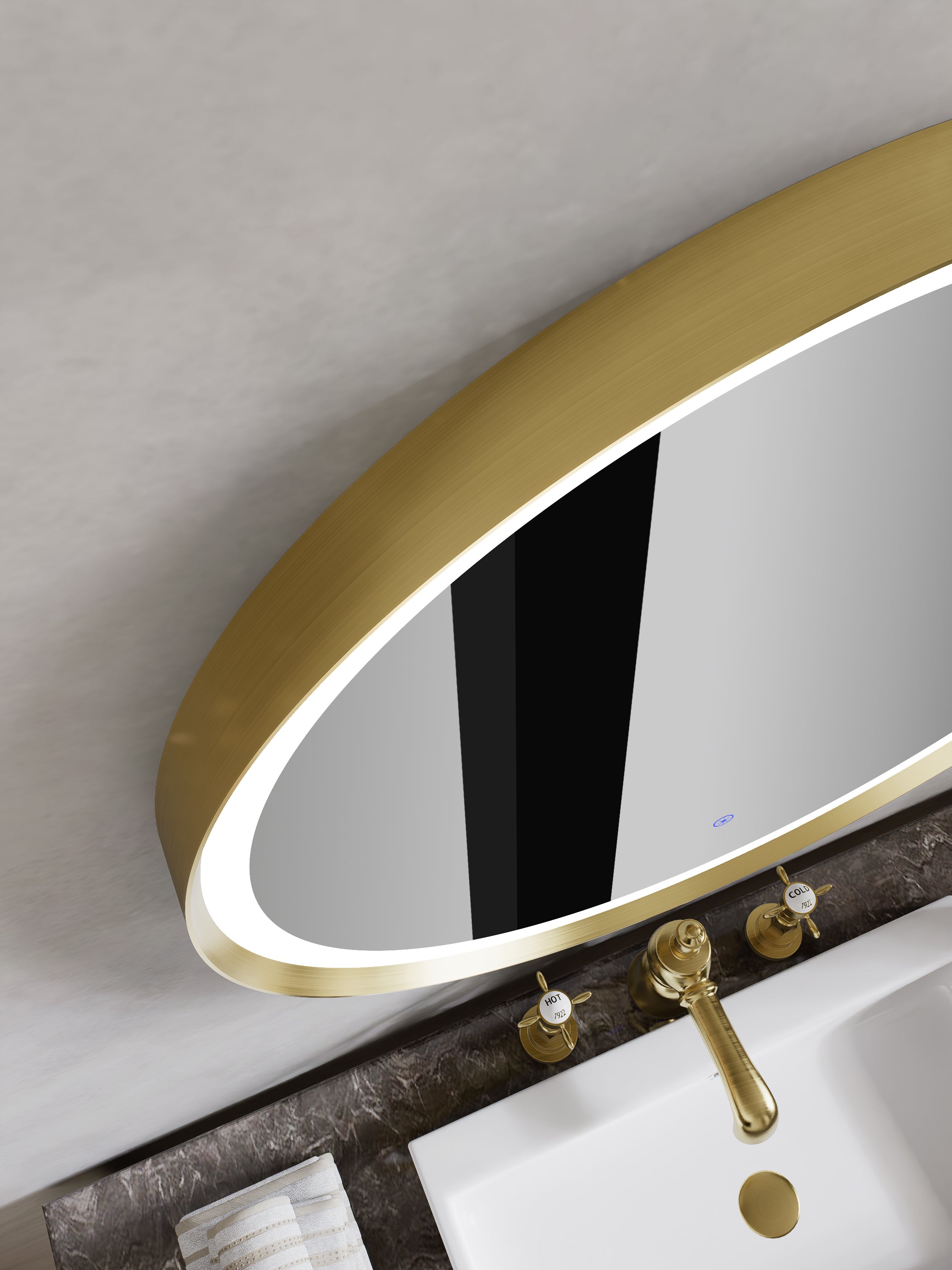 Nora Round LED Frosted Mirror Brushed Brass Φ600*D43mm (JM-RD-AF600BB) Demister and Aluminium Frame