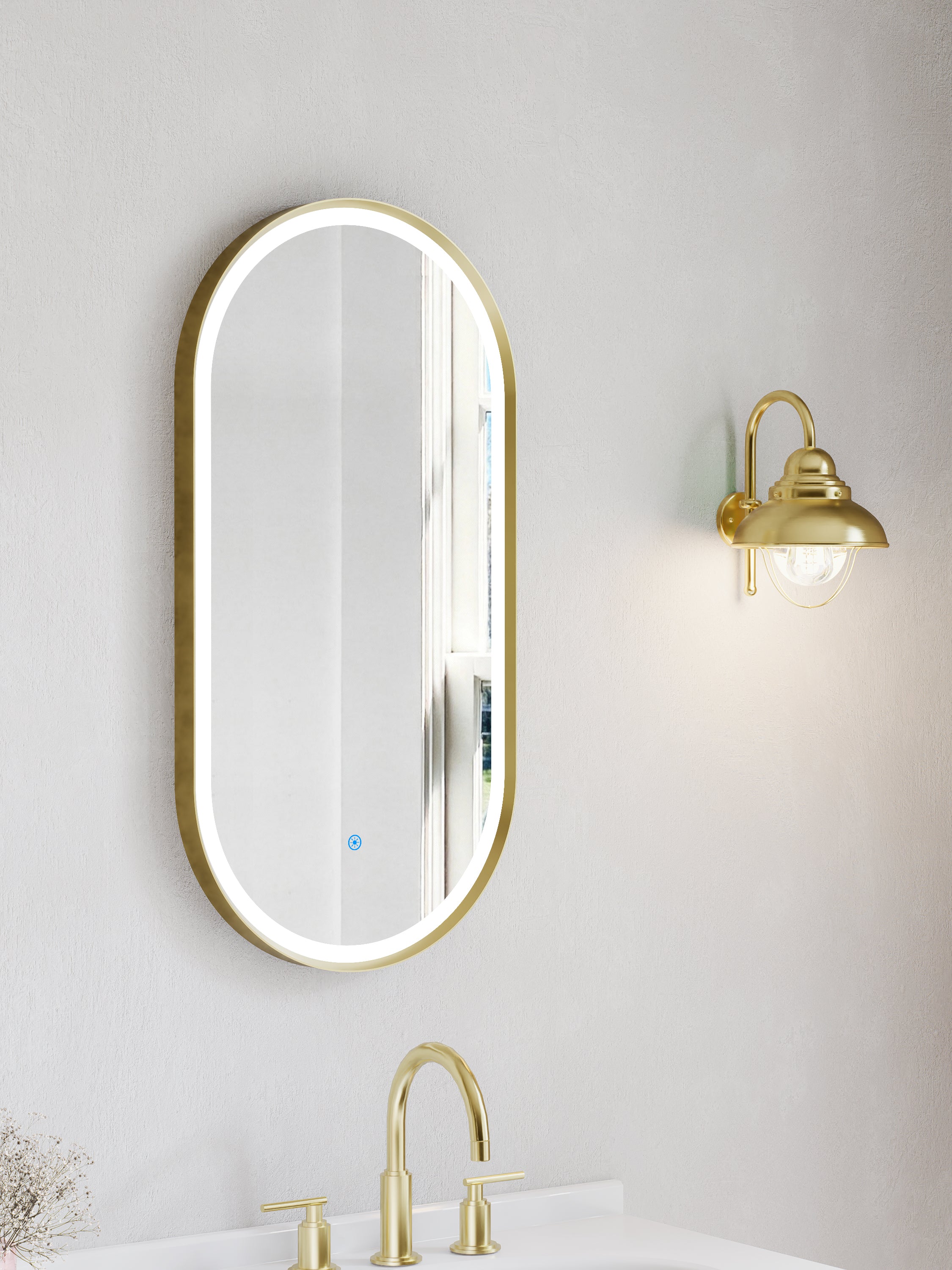 Nora Oval LED Frosted Mirror Brushed Brass W450*H900*D43mm ( JM-OVAL-AF4590BB)  Demister and Aluminium Frame