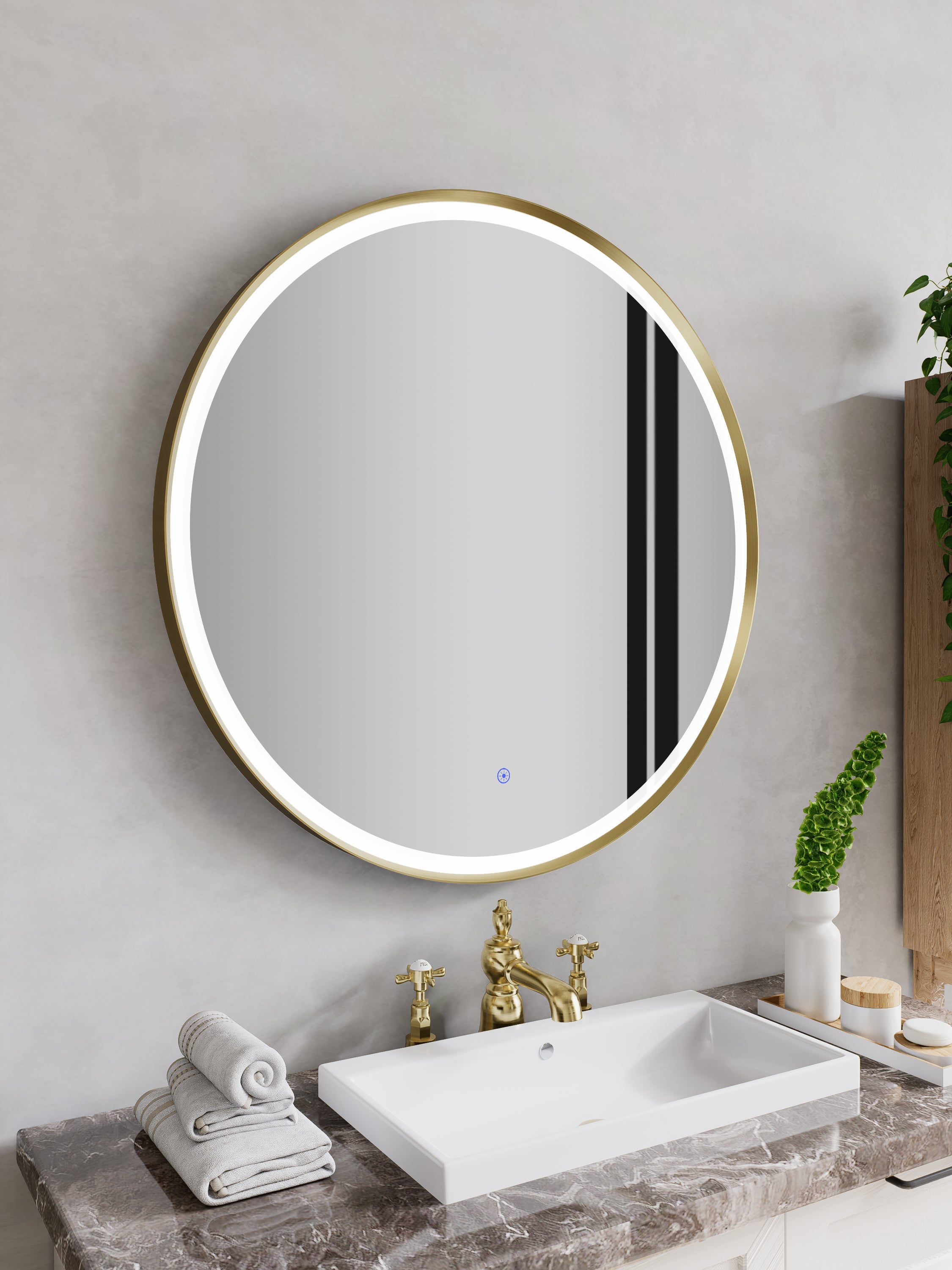 Nora Round LED Frosted Mirror Brushed Brass Φ800*D43mm (JM-RD-AF800BB) Demister and Aluminium Frame