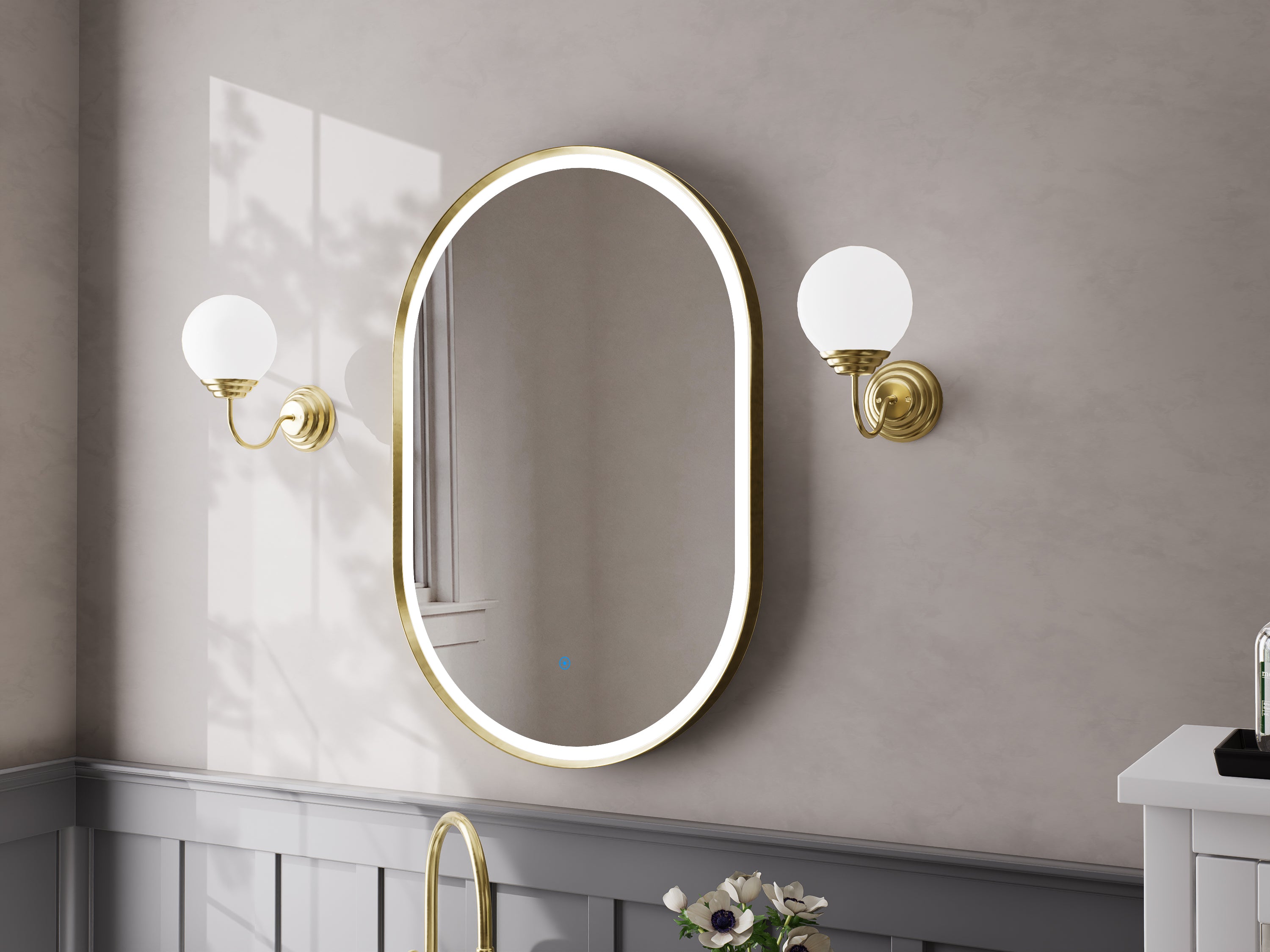 Nora Oval LED Frosted Mirror Brushed Brass W600*H900*D43mm (JM-OVAL-AF6090BB) Demister and Aluminium Frame