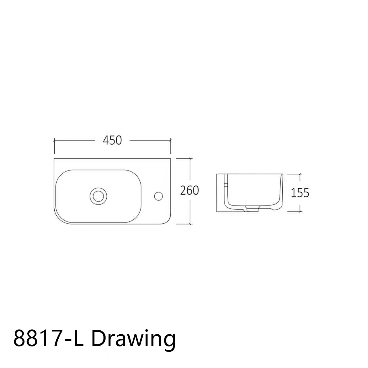 Nora Ceramic Wall-Hung Wash Basin with Overflow W450*D260*H155mm Left Hand (8817L)
