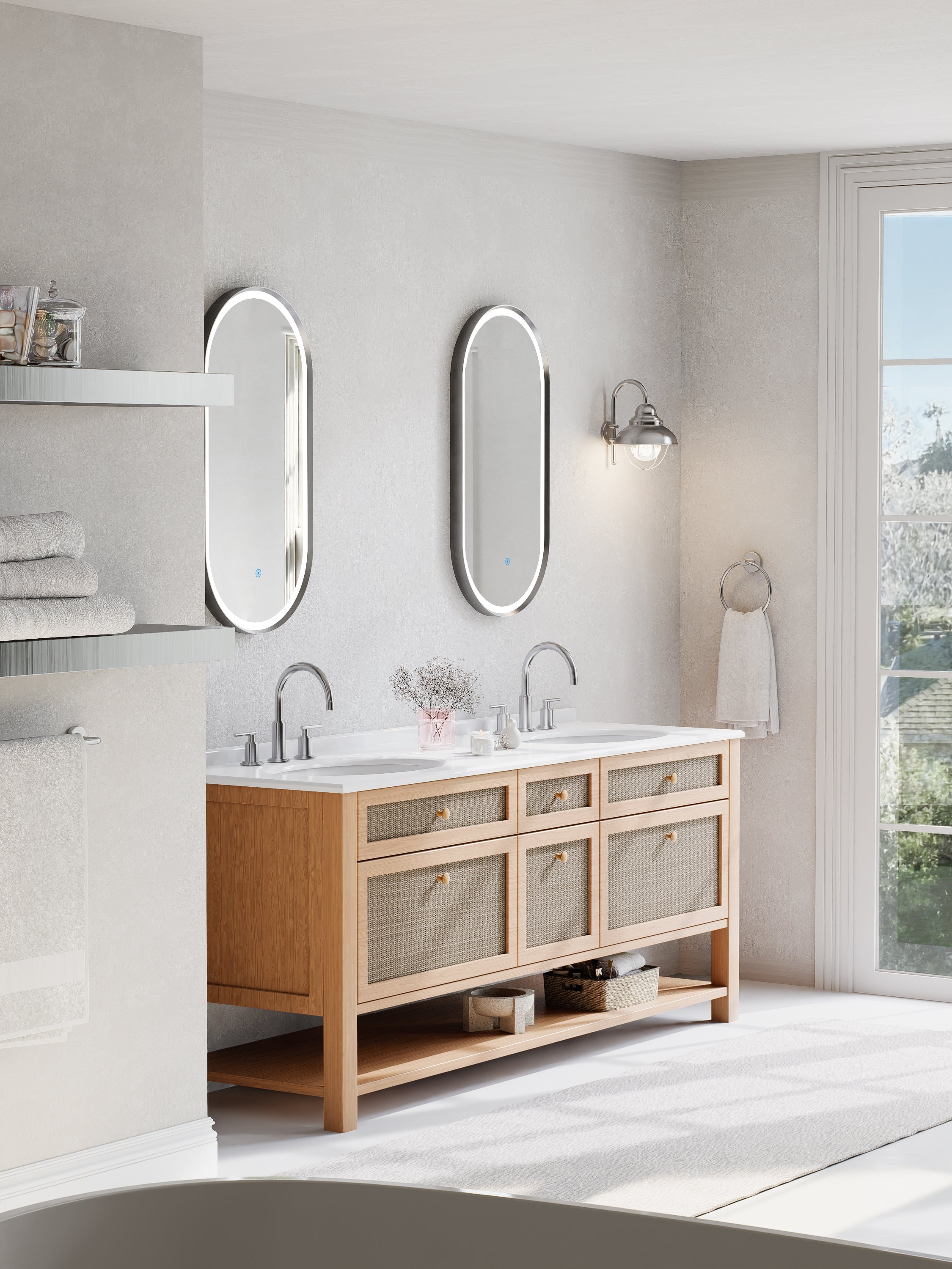 Nora Oval LED Frosted Mirror Brushed Nickel W450*H900*D43mm (JM-OVAL-AF4590BN)  Demister and Aluminium Frame