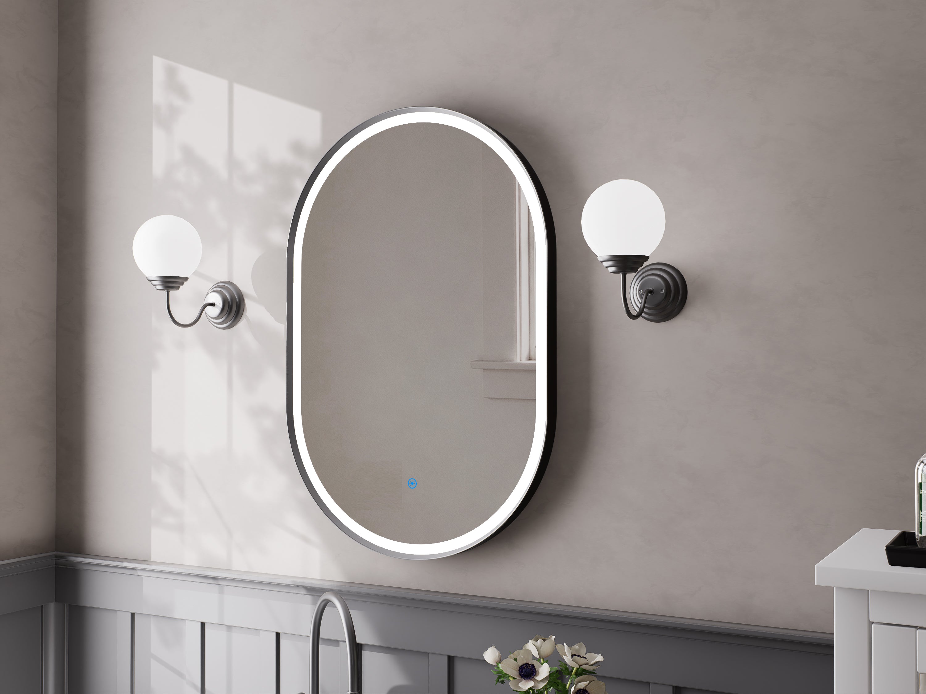 Nora Oval LED Frosted Mirror Matt Black W600*H900*D43mm (JM-OVAL-AF6090MB) Demister and Aluminium Frame