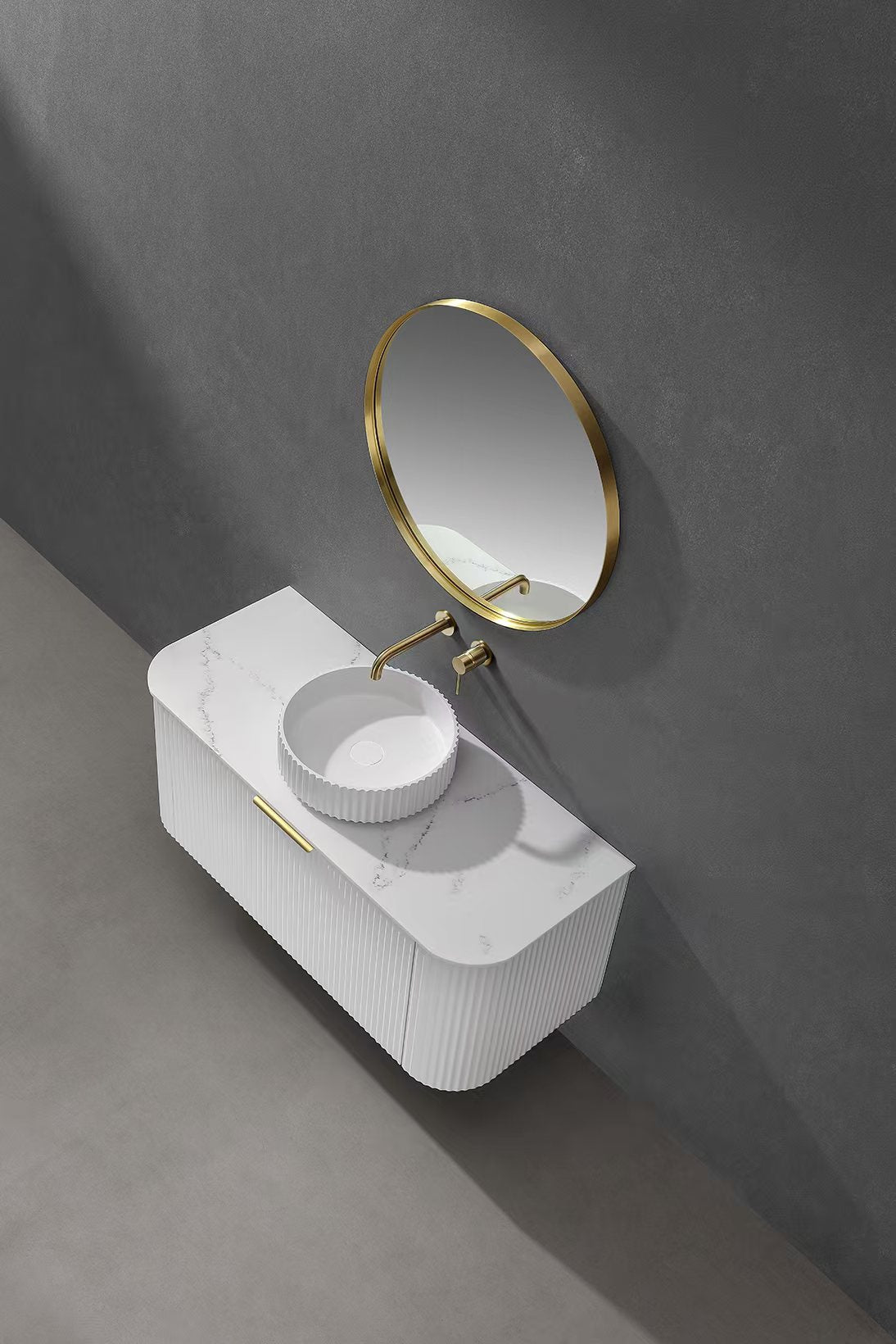 Nora Bianca Solid Surface Fluted Round Vessel Basin without Overflow (SS-WB49MW)