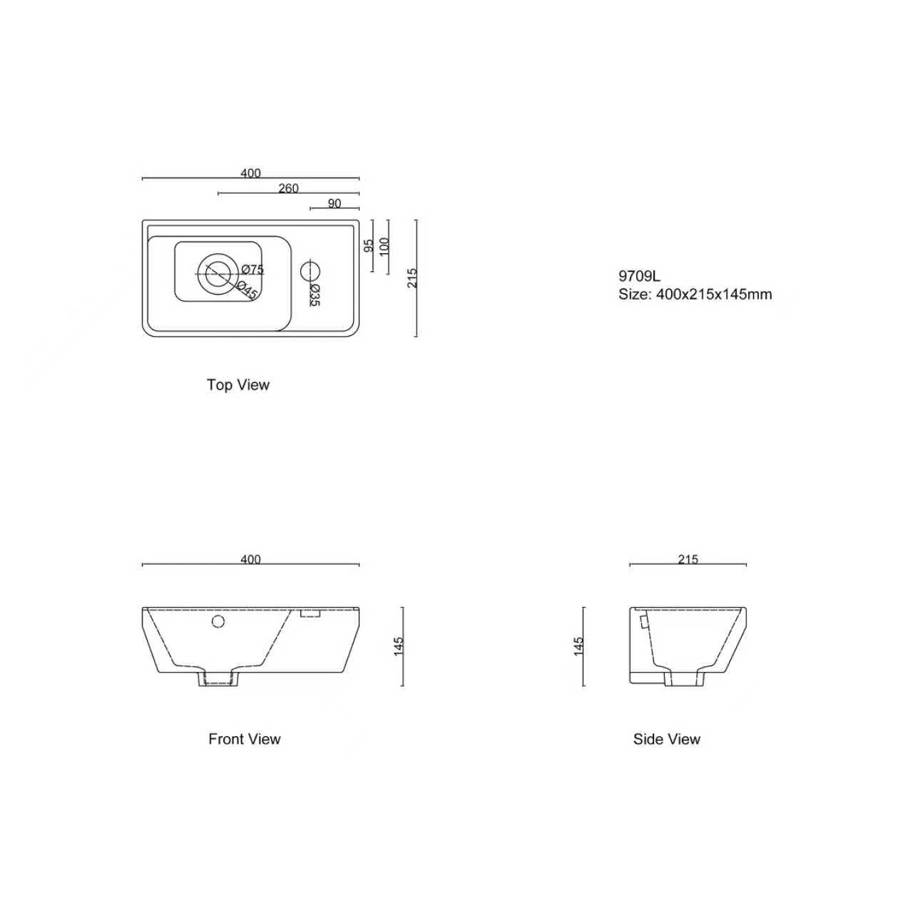 Nora Ceramic Wall-Hung Wash Basin with Overflow W400*D215*H145mm Left Hand (9709L)