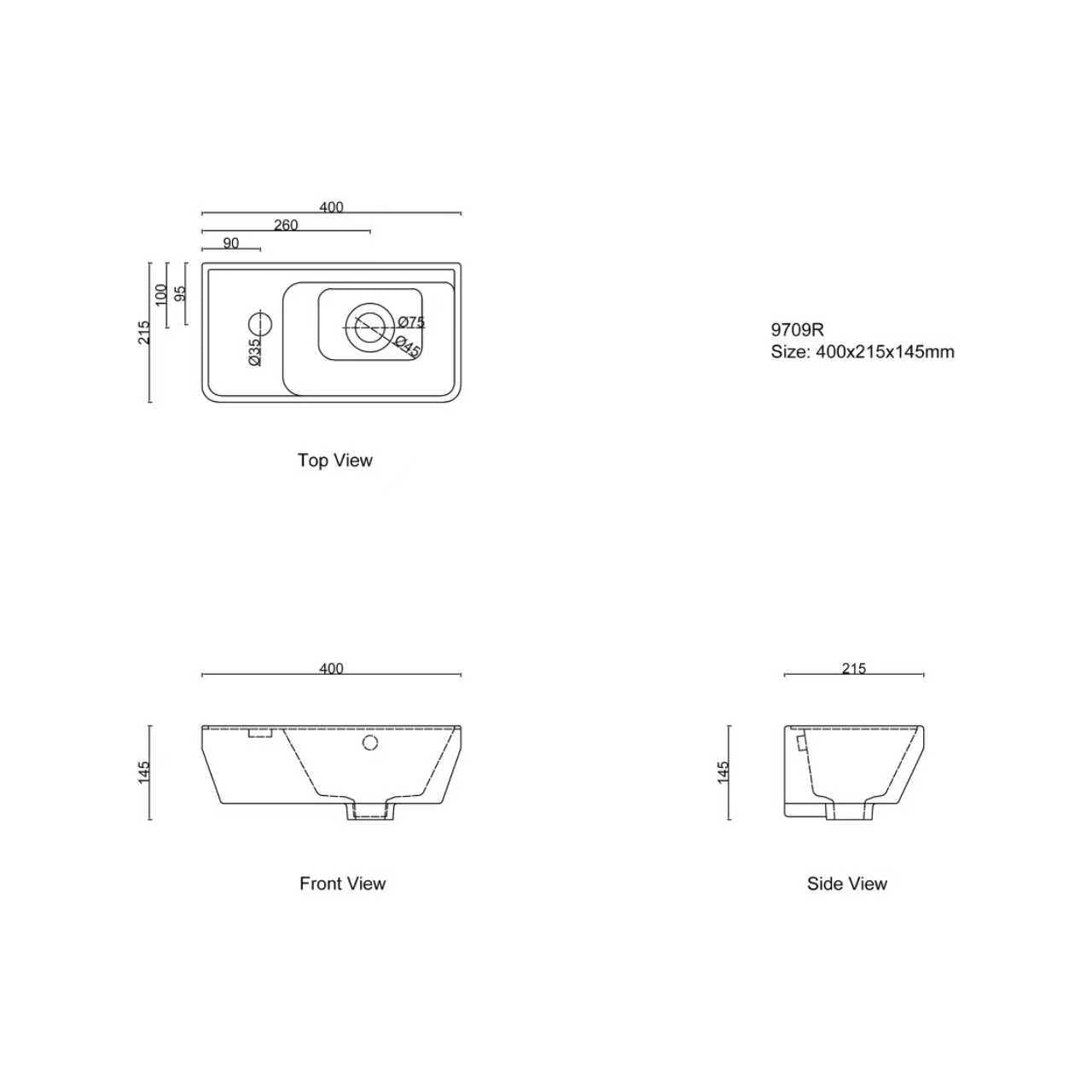 Nora Ceramic Wall-Hung Wash Basin with Overflow W400*D215*H145mm Right Hand (9709R)