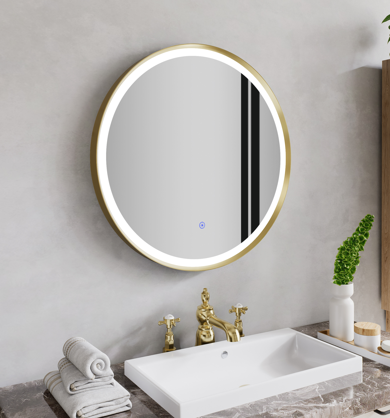Nora Round LED Frosted Mirror Brushed Brass Φ600*D43mm (JM-RD-AF600BB) Demister and Aluminium Frame