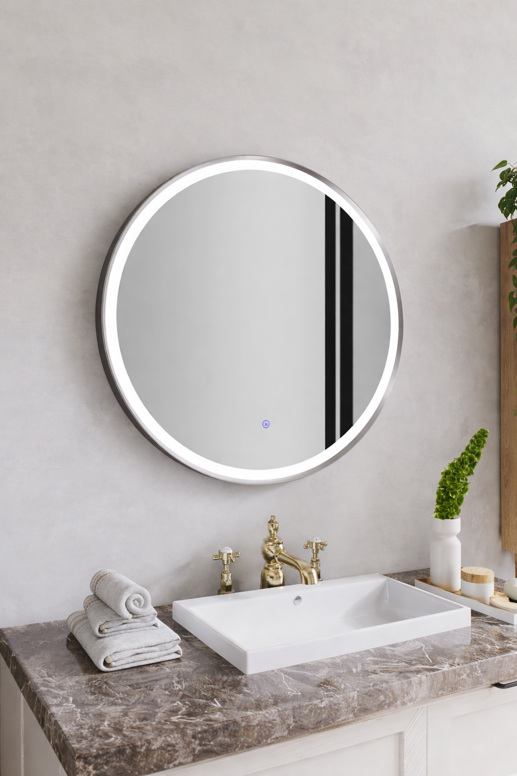 Nora Round LED Frosted Mirror Brushed Nickel Φ600*D43mm (JM-RD-AF600BN) Demister and Aluminium Frame