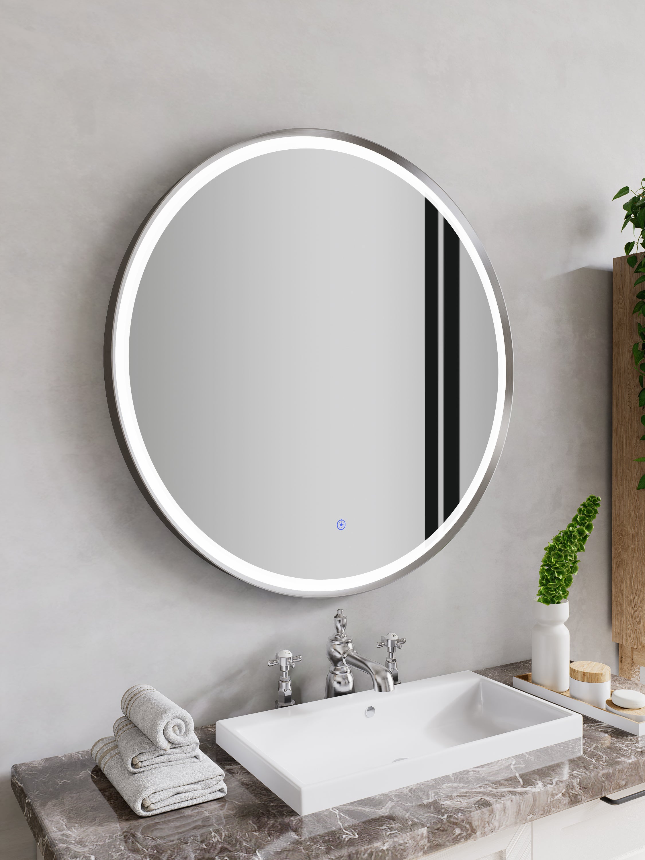 Nora Round LED Frosted Mirror Brushed Nickel Φ800*D43mm (JM-RD-AF800BN) Demister and Aluminium Frame