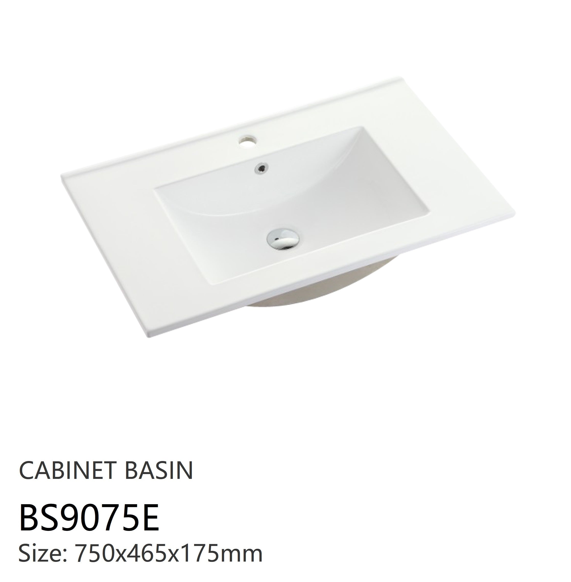 Nora Rettangolo Ceramic Vanity Top with Overflow Gloss White 750mm (BS9075E)