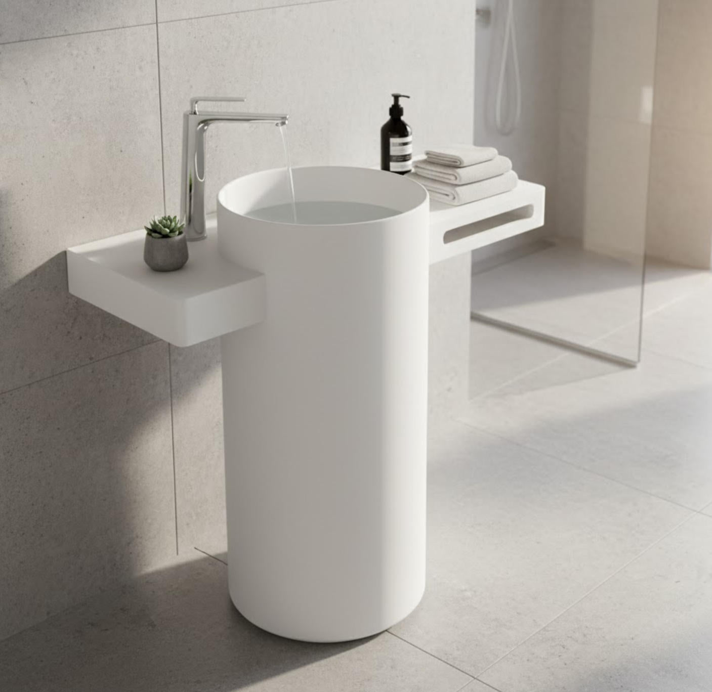 Nora Venezia Solid Surface Free Standing Basin with 1 Taphole (Left) and Towel Rail (Right) Matt White (FA11-1THL-TRR)
