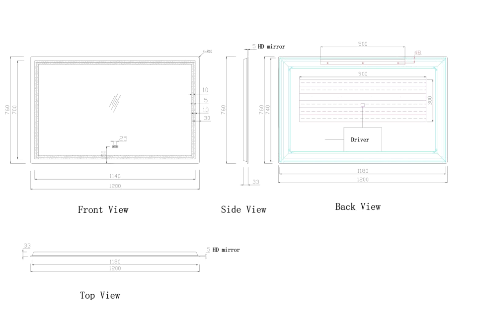 Nora Rectangle LED Mirror with Demister W1200*H760*D33mm (JM-1276)