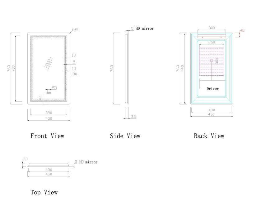 Nora Rectangle LED Mirror with Demister W450*H760*D33mm (JM-4576)