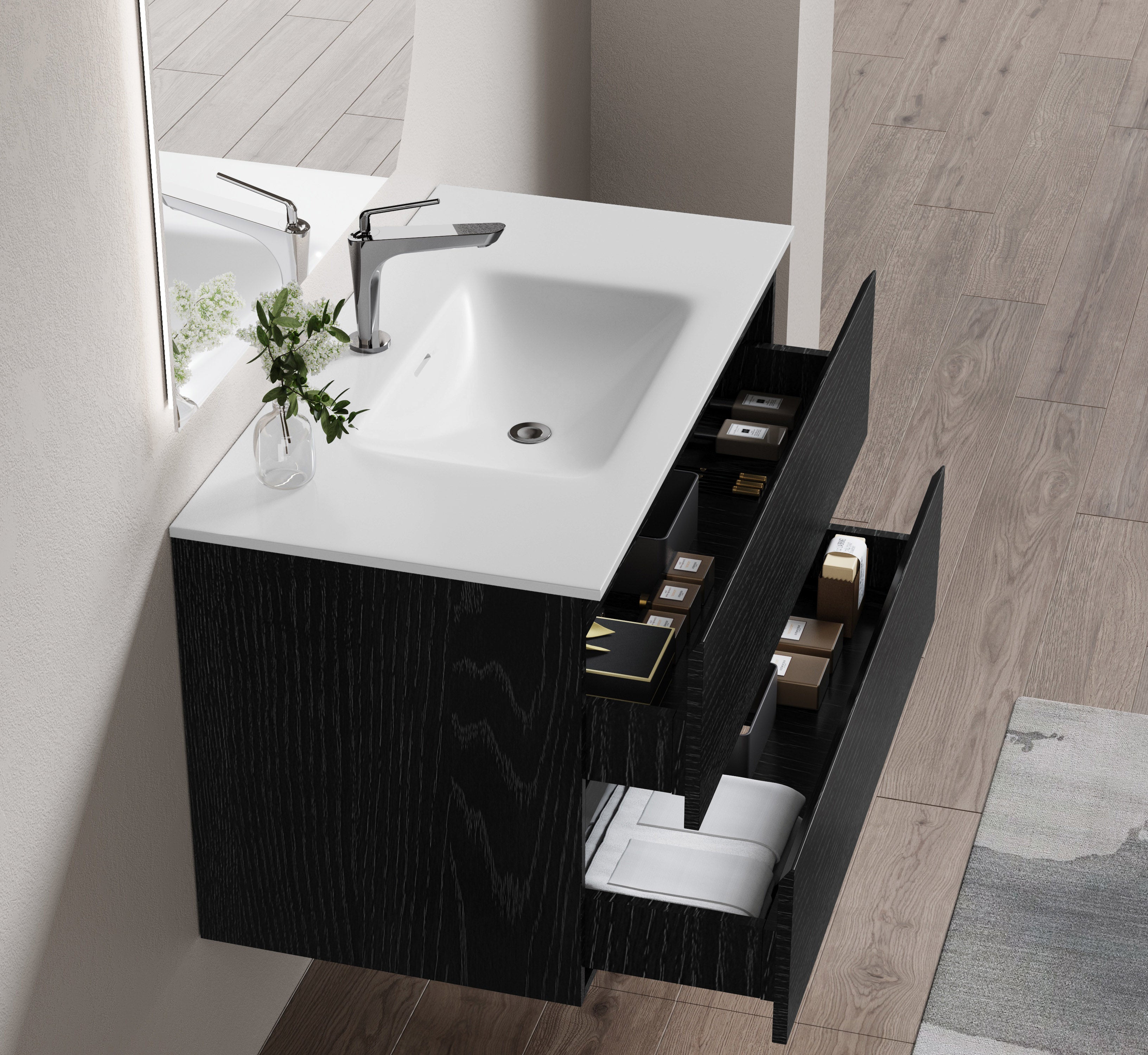 Nora Modena Wall-Hung Vanity Charred Oak W740*D455*H520 (RBV-1008MCCO750)
