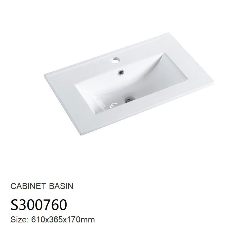 Nora Rettangolo Ceramic Vanity Top with Overflow Gloss White Slim 600mm (S300760)