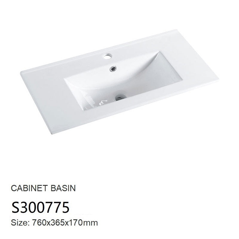 Nora Rettangolo Ceramic Vanity Top with Overflow Gloss White Slim 750mm (S300775)
