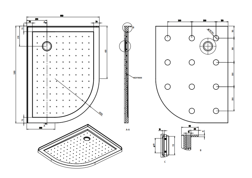 Nora Shower Tray Curve Right-Handed Corner Waste 1200×900mm (STC12CR)