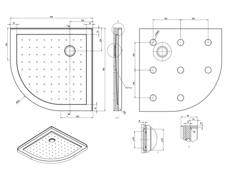 Nora Shower Tray Curve Corner Waste 900mm (STC9C)