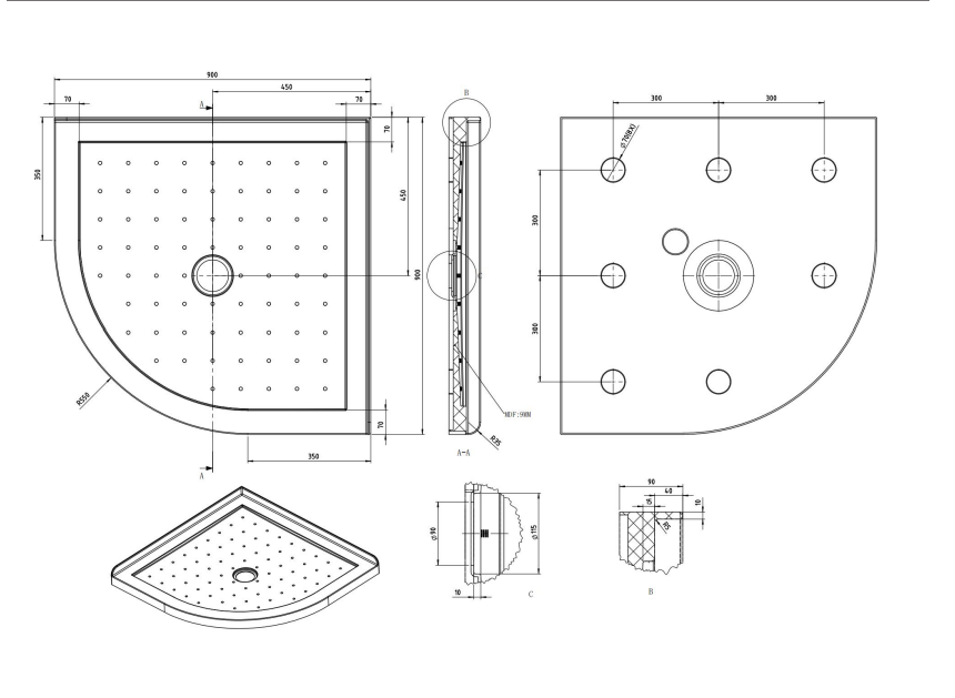 Nora Shower Tray Curve Centre Waste 900mm (STC9M)