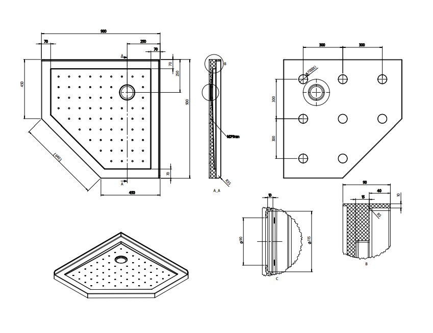 Nora Shower Tray Diamond Corner Waste 900mm (STD9C)