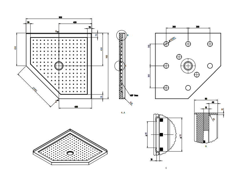 Nora Shower Tray Diamond Centre Waste 900mm (STD9M)