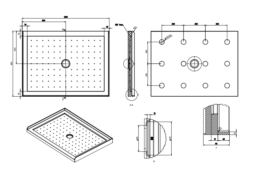 Nora Shower Tray 3-lip Rectangle Corner Waste 900x1200x900mm (STS12C3L)