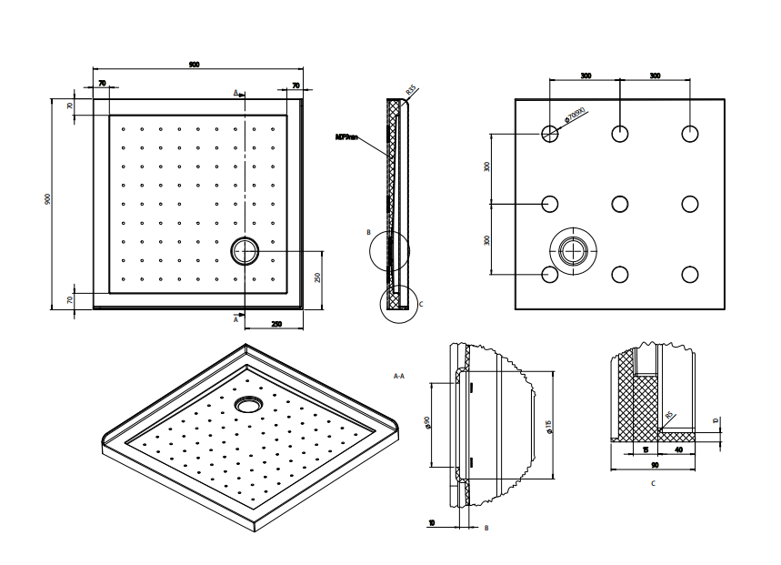 Nora Shower Tray Square Corner Waste 900mm (STS9C)