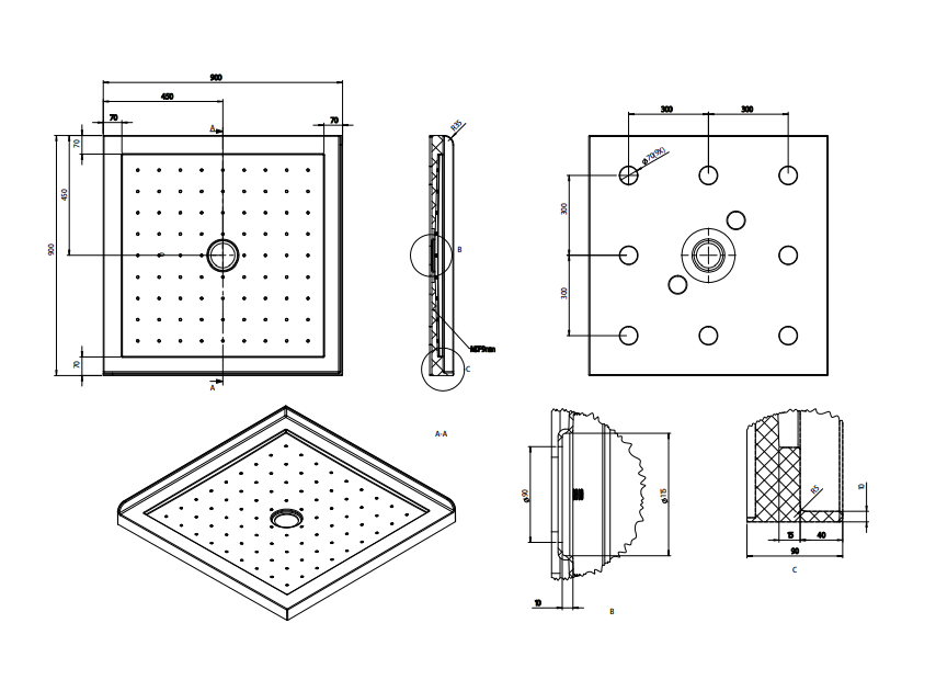 Nora Shower Tray Square Centre Waste 900mm (STS9M)