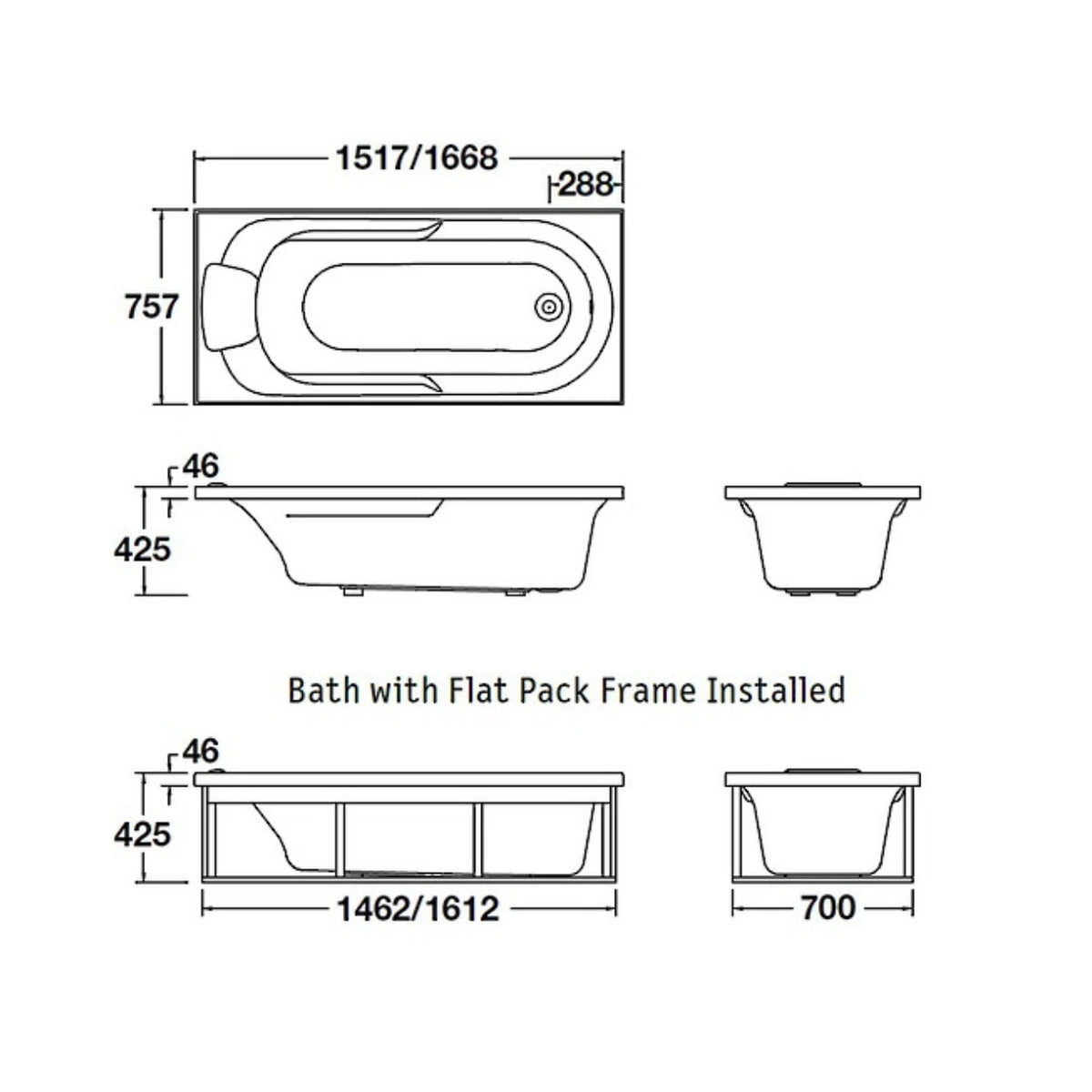 Englefield Sorrento II Rectangular Bath 1670 x 760mm (1073A-0)