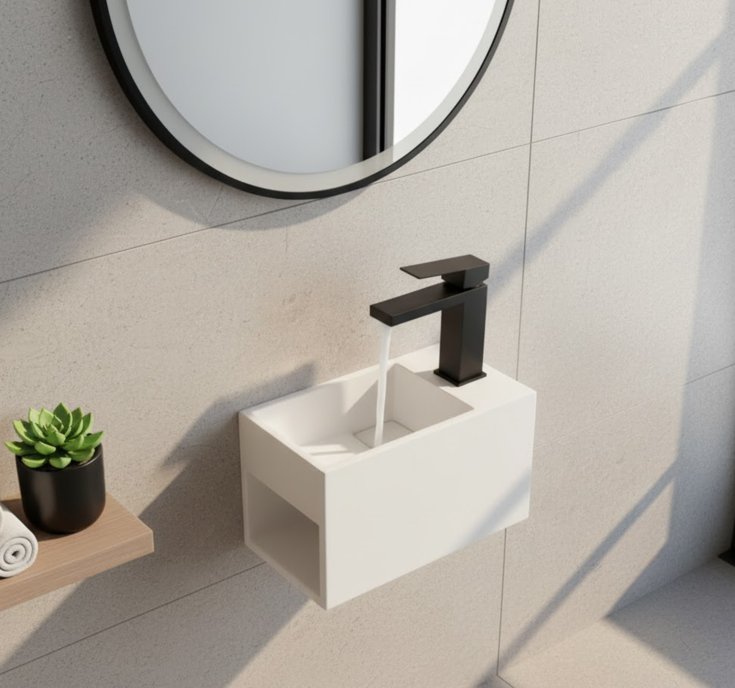 Nora Venezia Solid Surface Wall-Hung Basin With Open Shelf Left Hand Matt White (WA29L)
