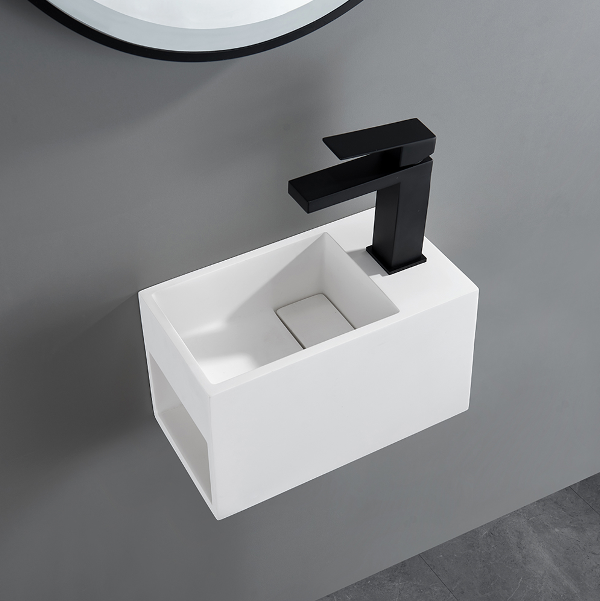 Nora Venezia Solid Surface Wall-Hung Basin With Open Shelf Left Hand Matt White (WA29L)
