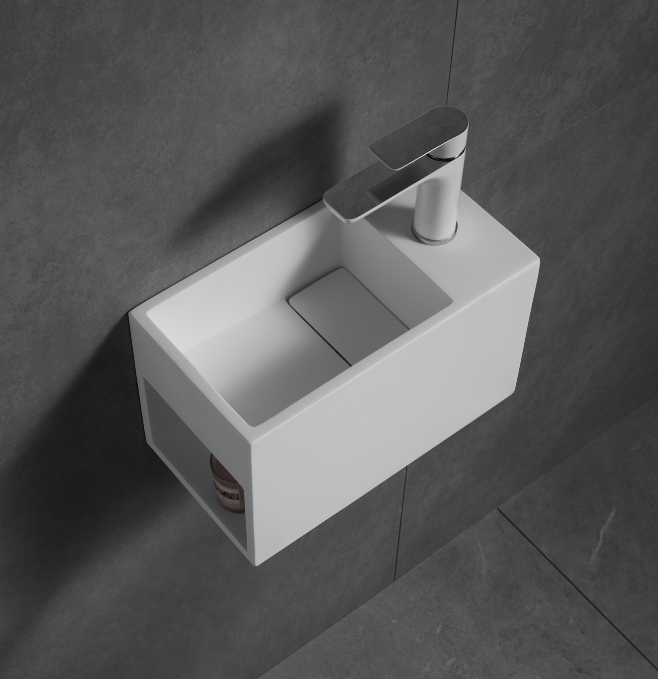Nora Venezia Solid Surface Wall-Hung Basin With Open Shelf Left Hand Matt White (WA29L)