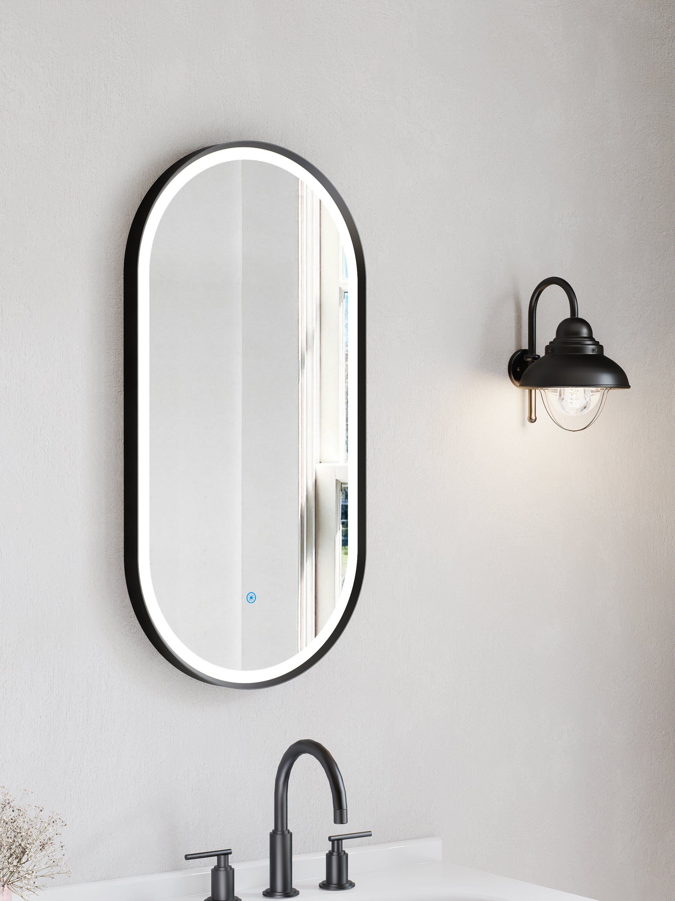 Nora Oval LED Frosted Mirror Matt Black W450*H900*D43mm (JM-OVAL-AF4590MB)  Demister and Aluminium Frame