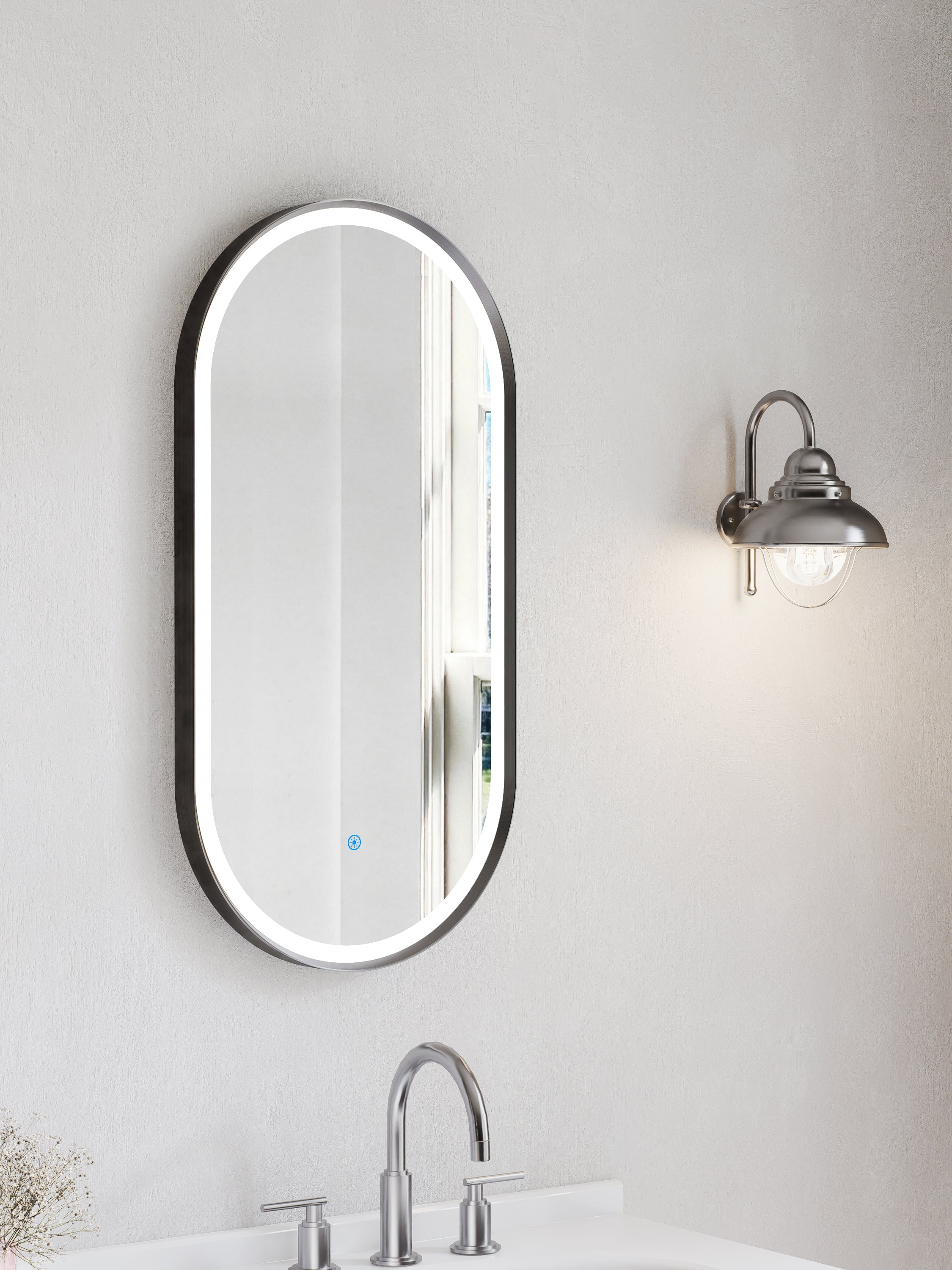 Nora Oval LED Frosted Mirror Gun Metal W450*H900*D43mm (JM-OVAL-AF4590GM)  Demister and Aluminium Frame
