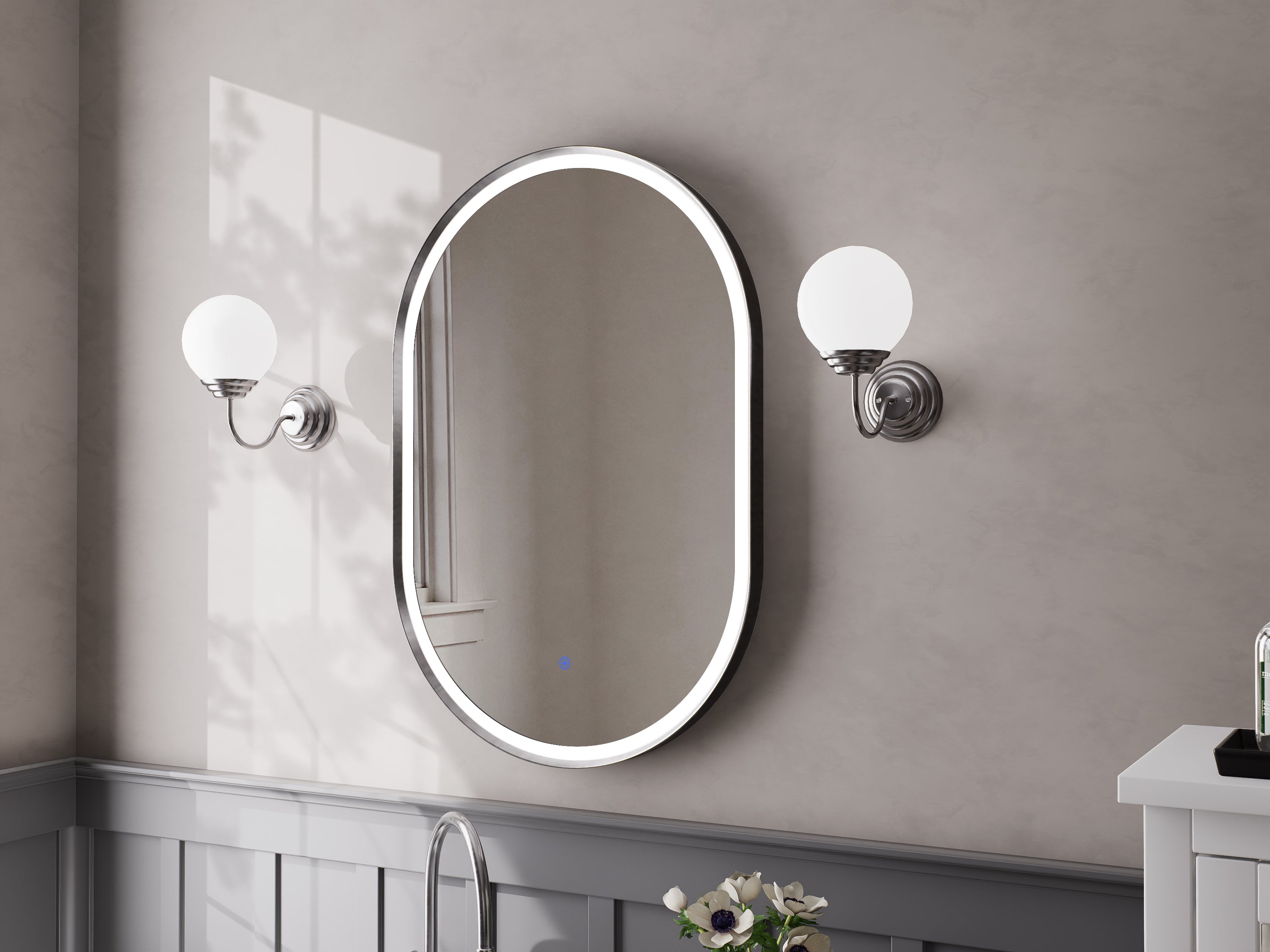 Nora Oval LED Frosted Mirror Gun Metal W600*H900*D43mm (JM-OVAL-AF6090GM) Demister and Aluminium Frame