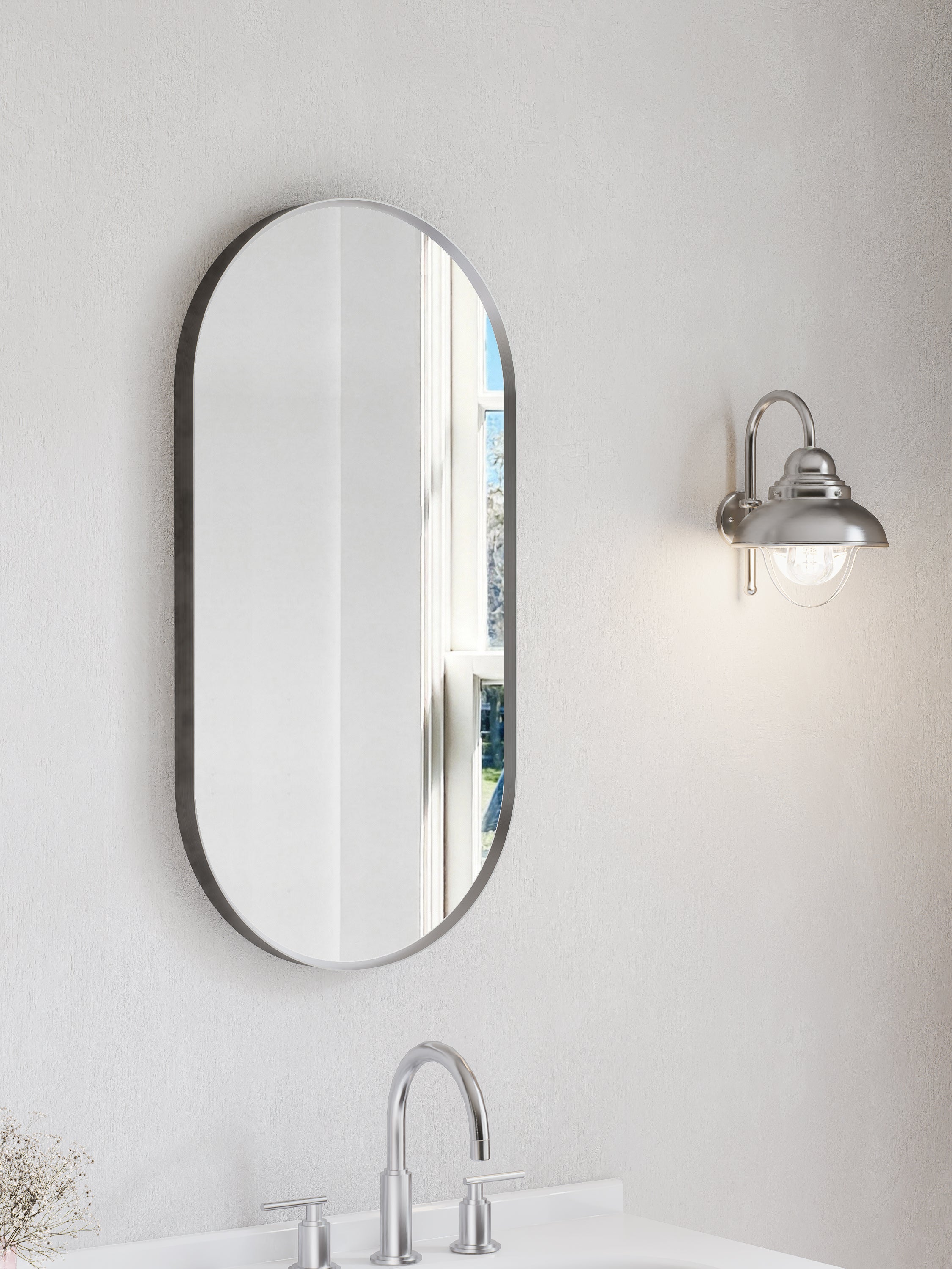Nora Oval LED Frosted Mirror Brushed Nickel W450*H900*D43mm (JM-OVAL-AF4590BN)  Demister and Aluminium Frame