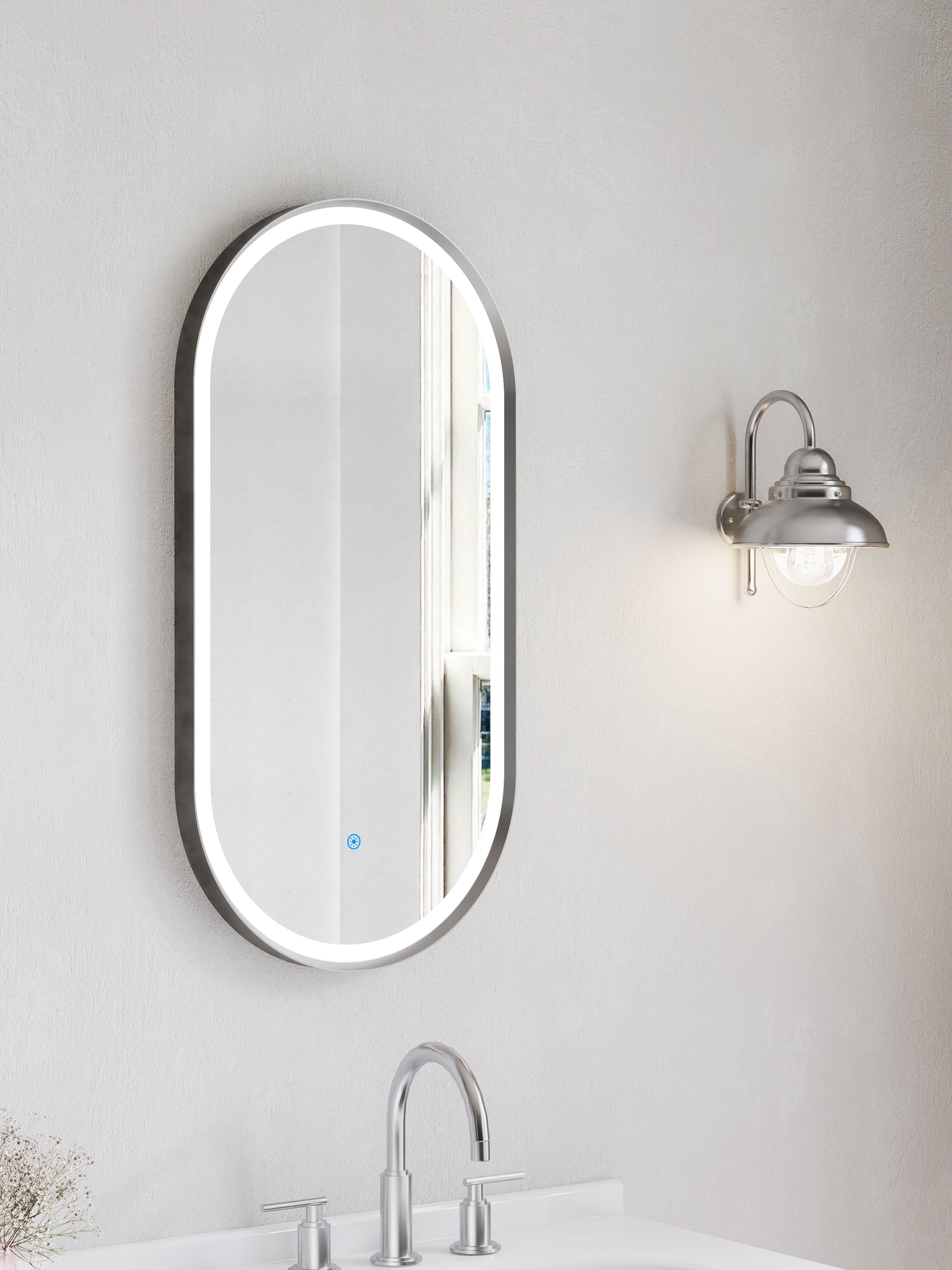 Nora Oval LED Frosted Mirror Brushed Nickel W450*H900*D43mm (JM-OVAL-AF4590BN)  Demister and Aluminium Frame
