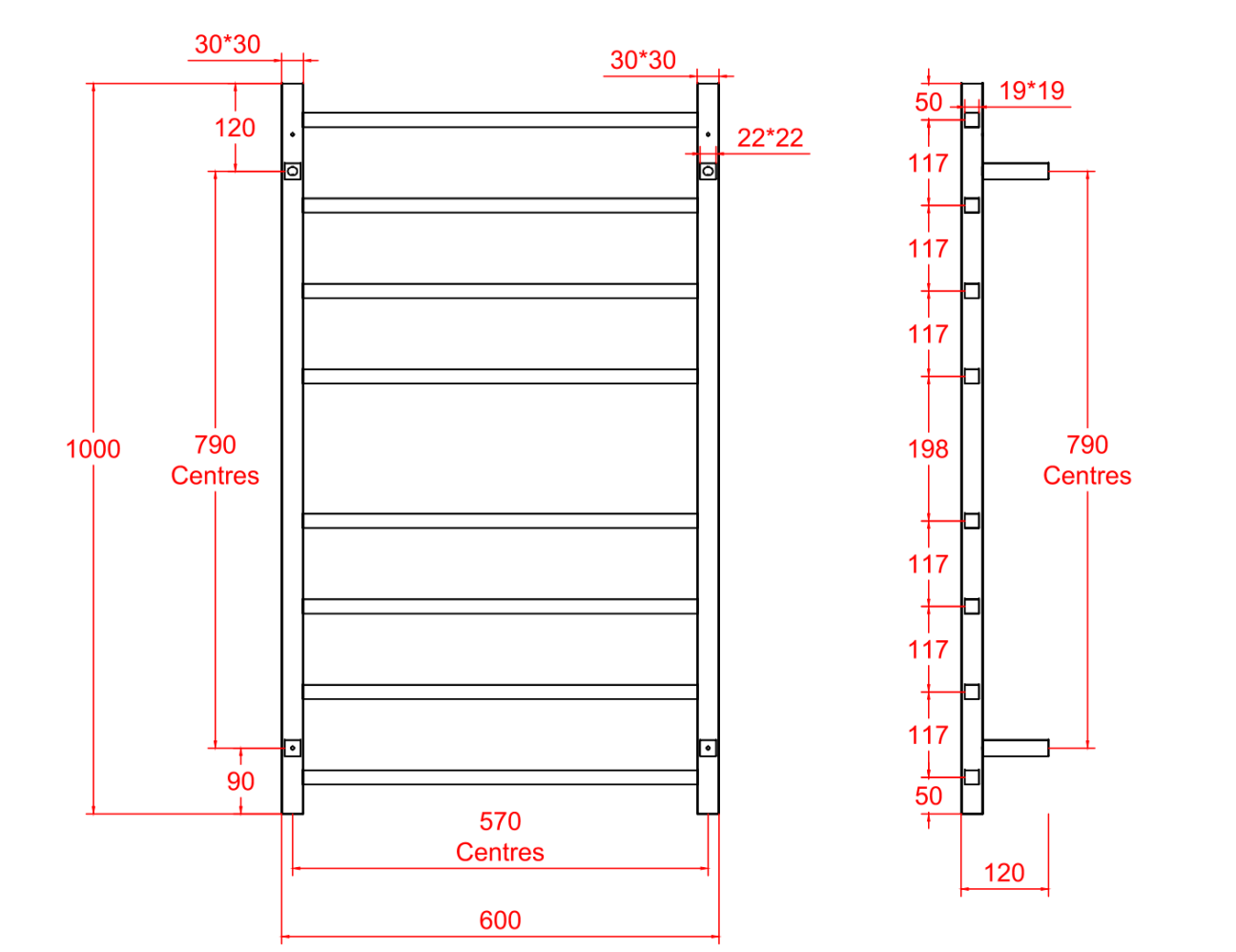Nora Modena Heated Towel Rail Square 8 Bar H1000*W600*D120mm Gun Metal (RBHTR-GM-S1060)
