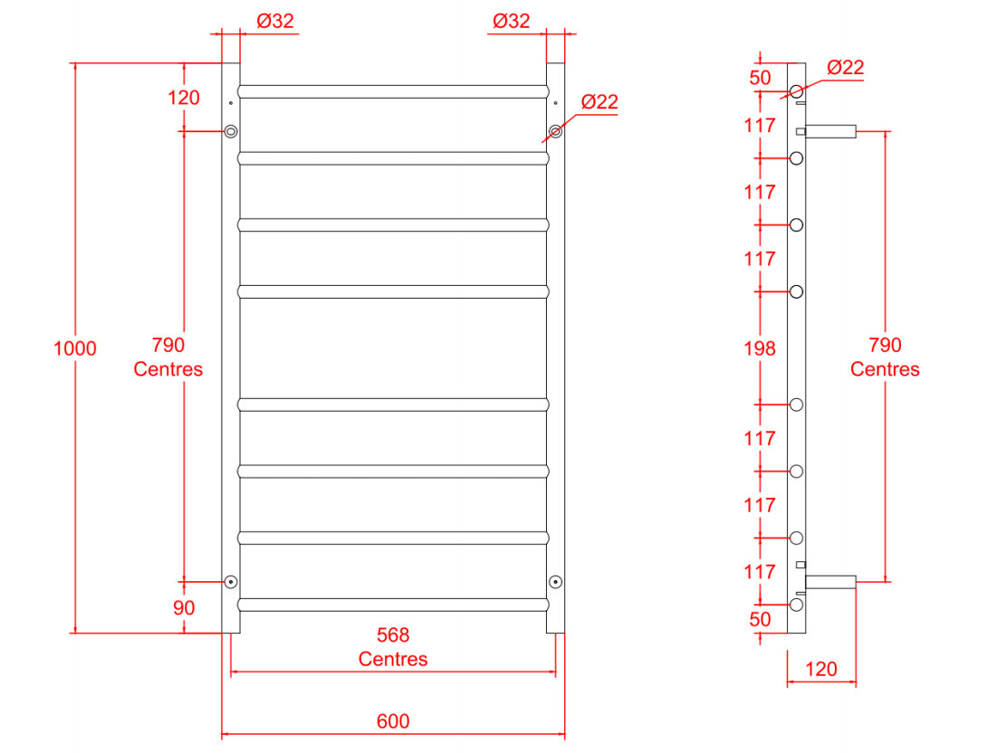 Nora Verona Heated Towel Rail Round 8 Bar H1000*W600*D120mm Brushed Brass (RBHTR-BB-R1060)