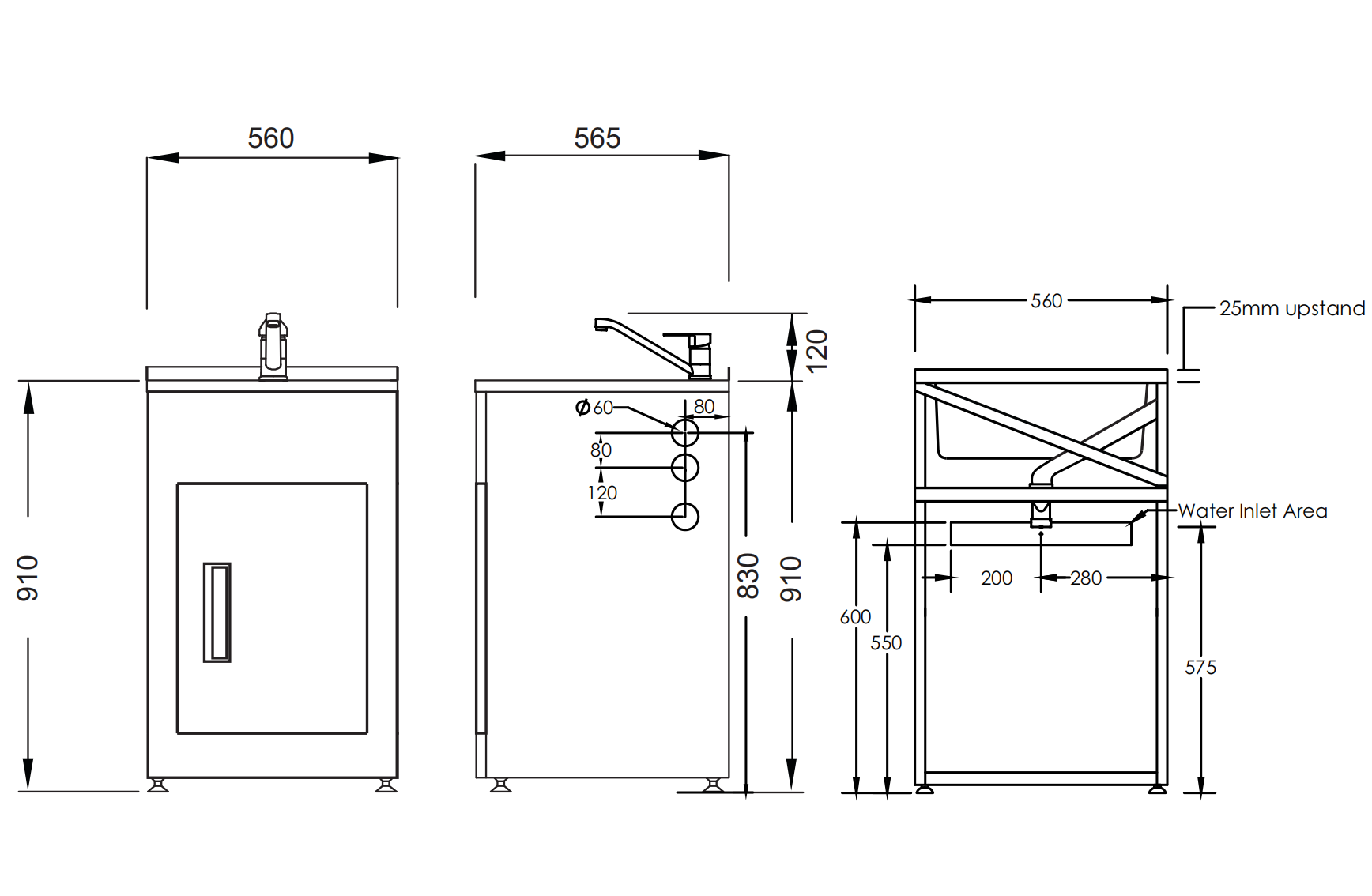 Aquatica Laundry Tub 560mm, Door Model, Chrome Techline Sink Mixer All Pressure (CLUBTUB560 TL AP SF)