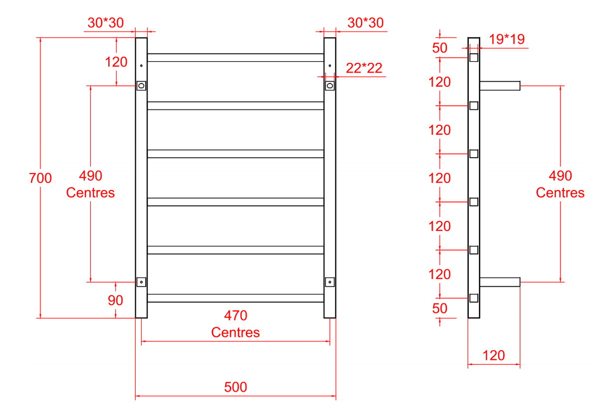 Nora Modena Heated Towel Rail Square 6 Bar H700*W500*D120mm Matte Black (RBHTR-MB-S7050)