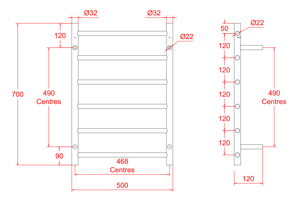 Nora Verona Heated Towel Rail Round 6 Bar H700*W500*D120mm Gun Metal (RBHTR-GM-R7050)