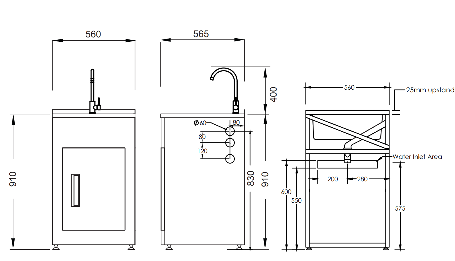 Aquatica Laundry Tub 560mm, Door Model, Brushed Gooseneck Mixer Mains Pressure (CLUBTUB560 GN MP SF)