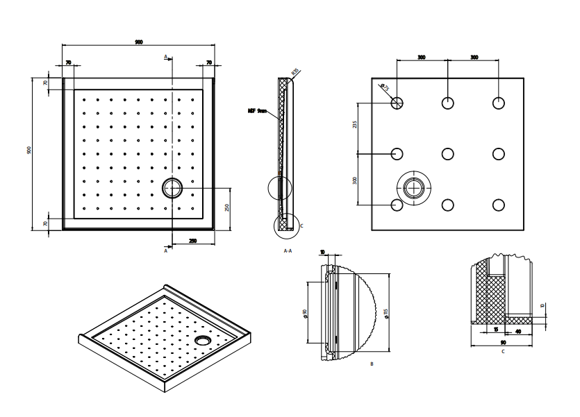 Nora Shower Tray 3-lip Square Corner Waste Left 900mm (STS999CL)