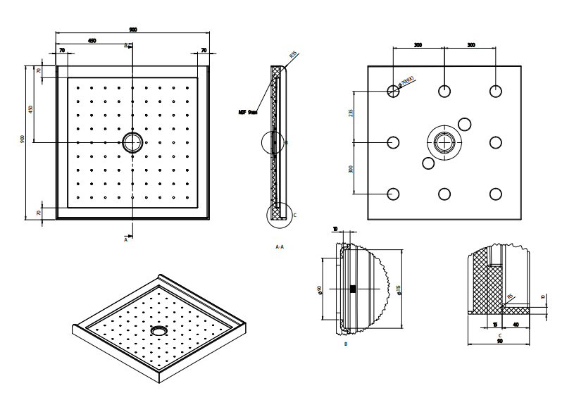 Nora Shower Tray 3-lip Square Centre Waste 900mm (STS999M)